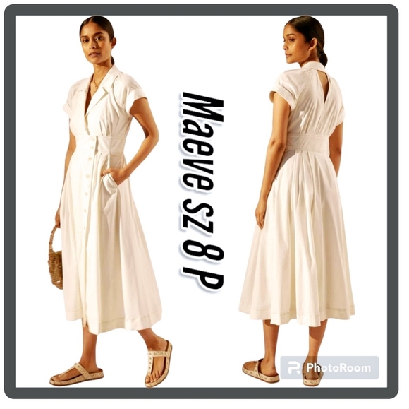 MAEVE by Anthropology Woman Dress POPLIN Collared MIDI Off White Shirtdress - Picture 2 of 12
